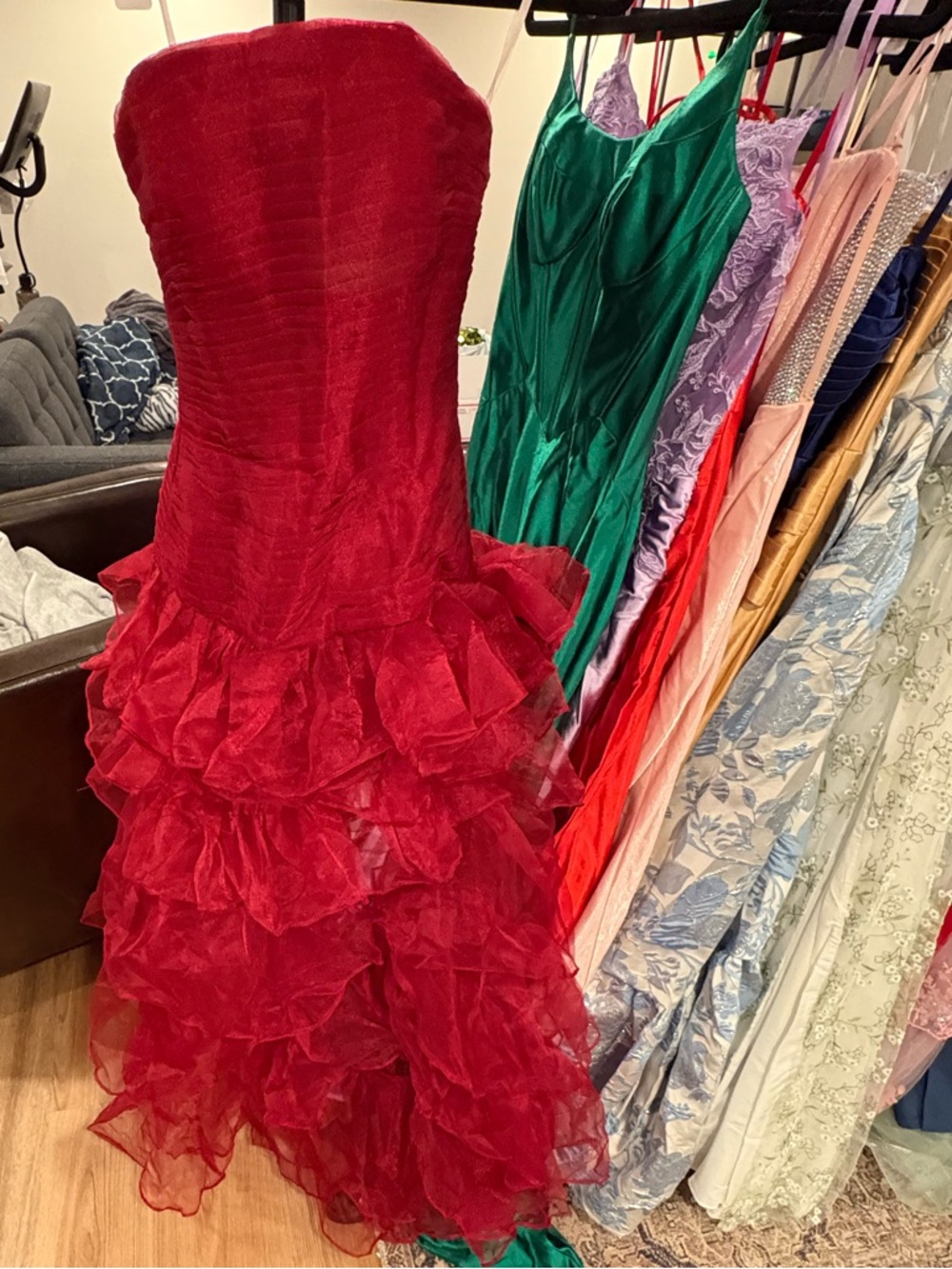 Strapless Red Ruffled Prom Dress - Picture 1 of 3